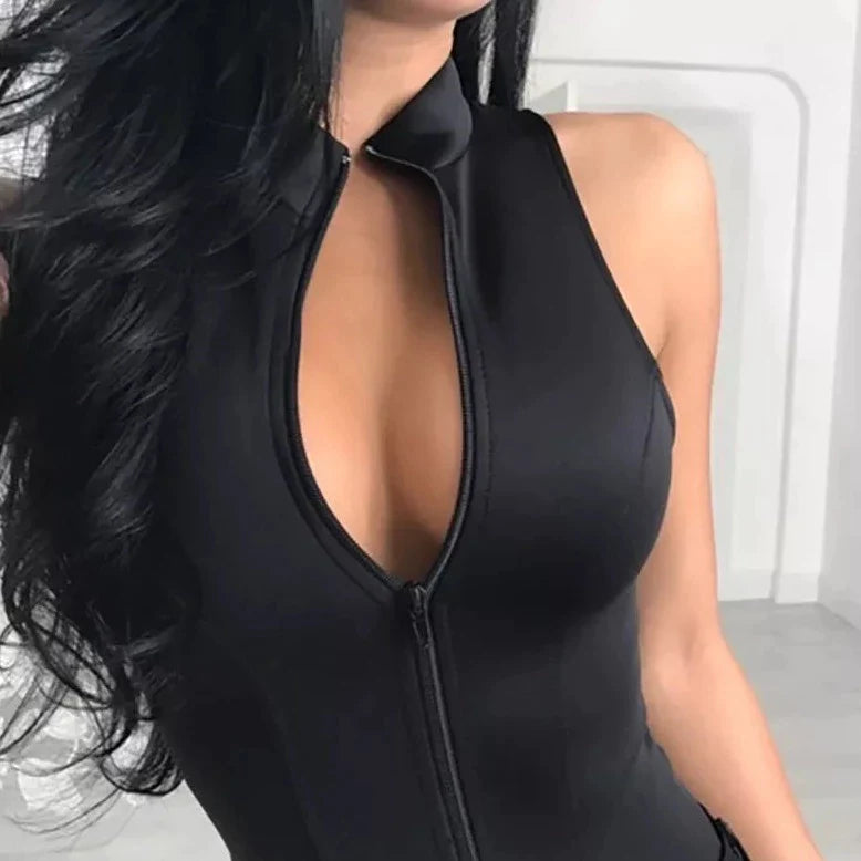 Tatiana Black Zipper Bodysuit